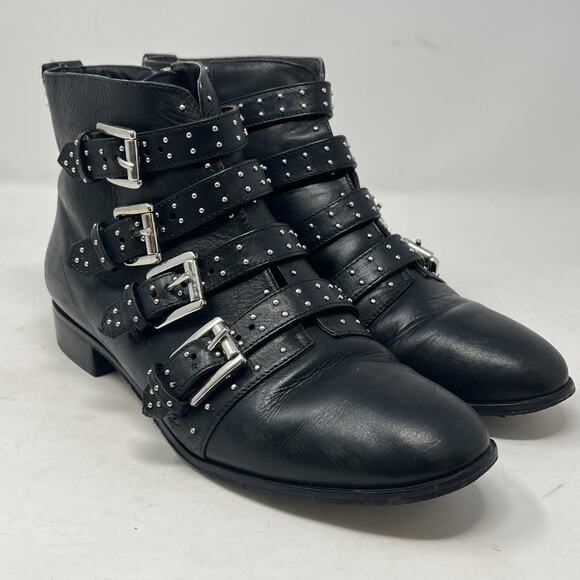 Rebecca Minkoff Maddox Leather Buckle Studded Booties Size 9.5 Black - Picture 1 of 9